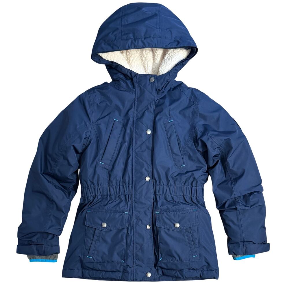 Lands' End Winter Parka Coat Genuine Down Puffer Hooded Blue Kids Medium 10-12